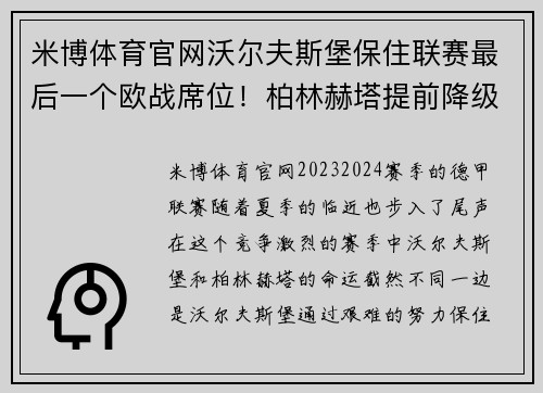 米博体育官网沃尔夫斯堡保住联赛最后一个欧战席位！柏林赫塔提前降级