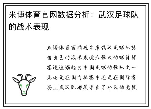 米博体育官网数据分析：武汉足球队的战术表现