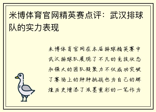 米博体育官网精英赛点评：武汉排球队的实力表现